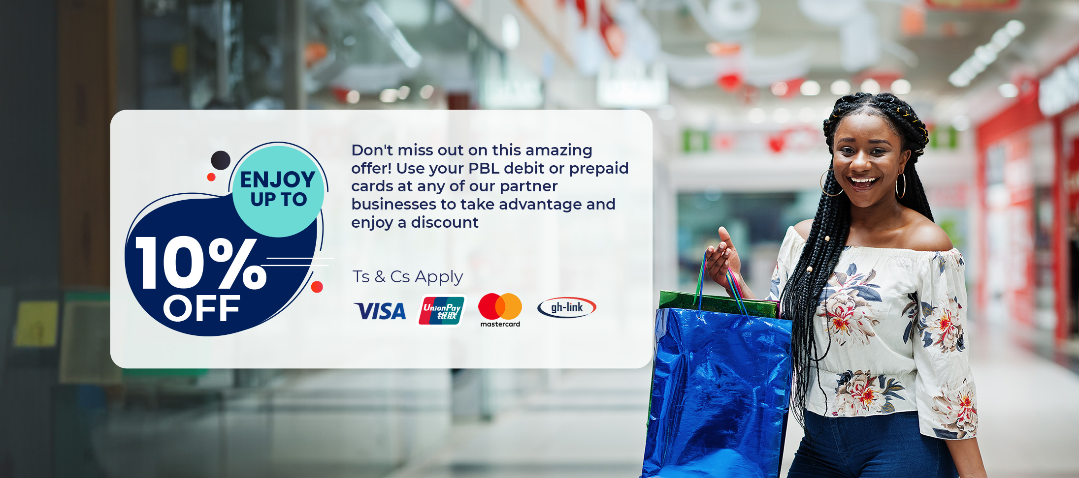 Image: Prudential Bank Discount Campaign Banner showing an excited lady holding shopping bags